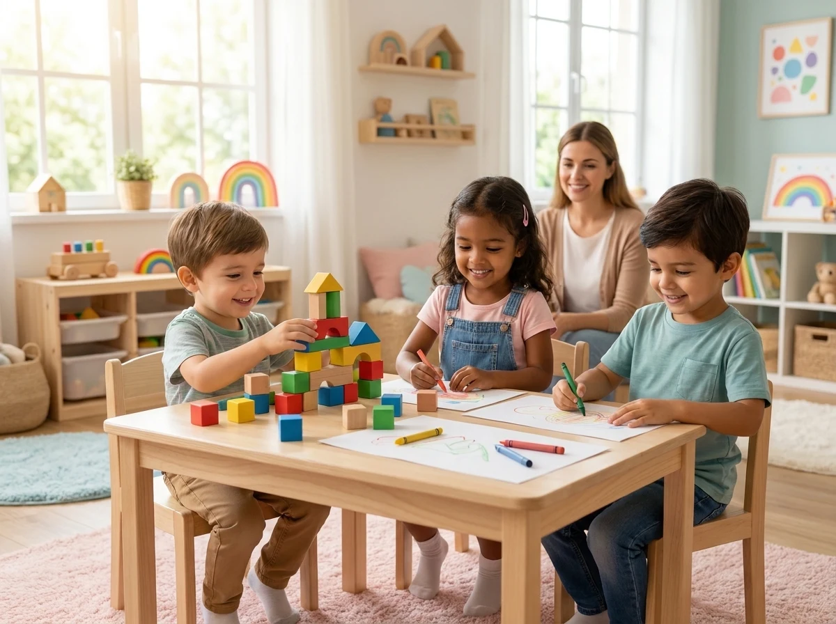 Children building with colorful blocks and drawing together at a sunny activity table